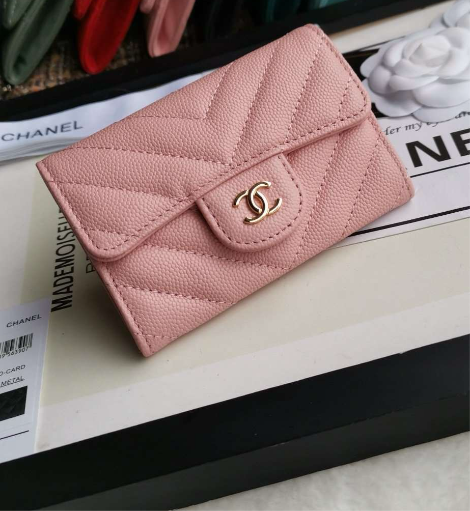 Chanel Caviar Chevron Quilted Compact Flap Wallet Pink - Matte Pink product image 1, provided for visual reference and