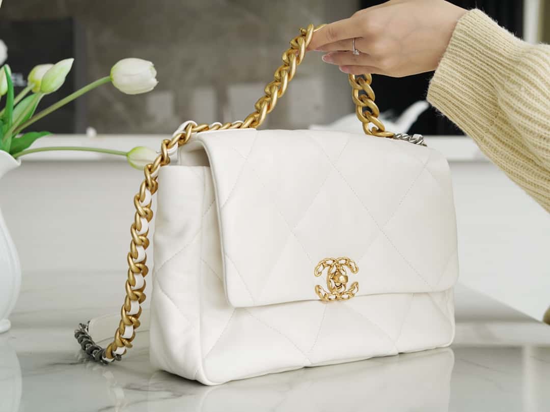 Chanel 19 Large Handbag Lambskin Gold AS1161 White product image 5, provided for visual reference and product detail review