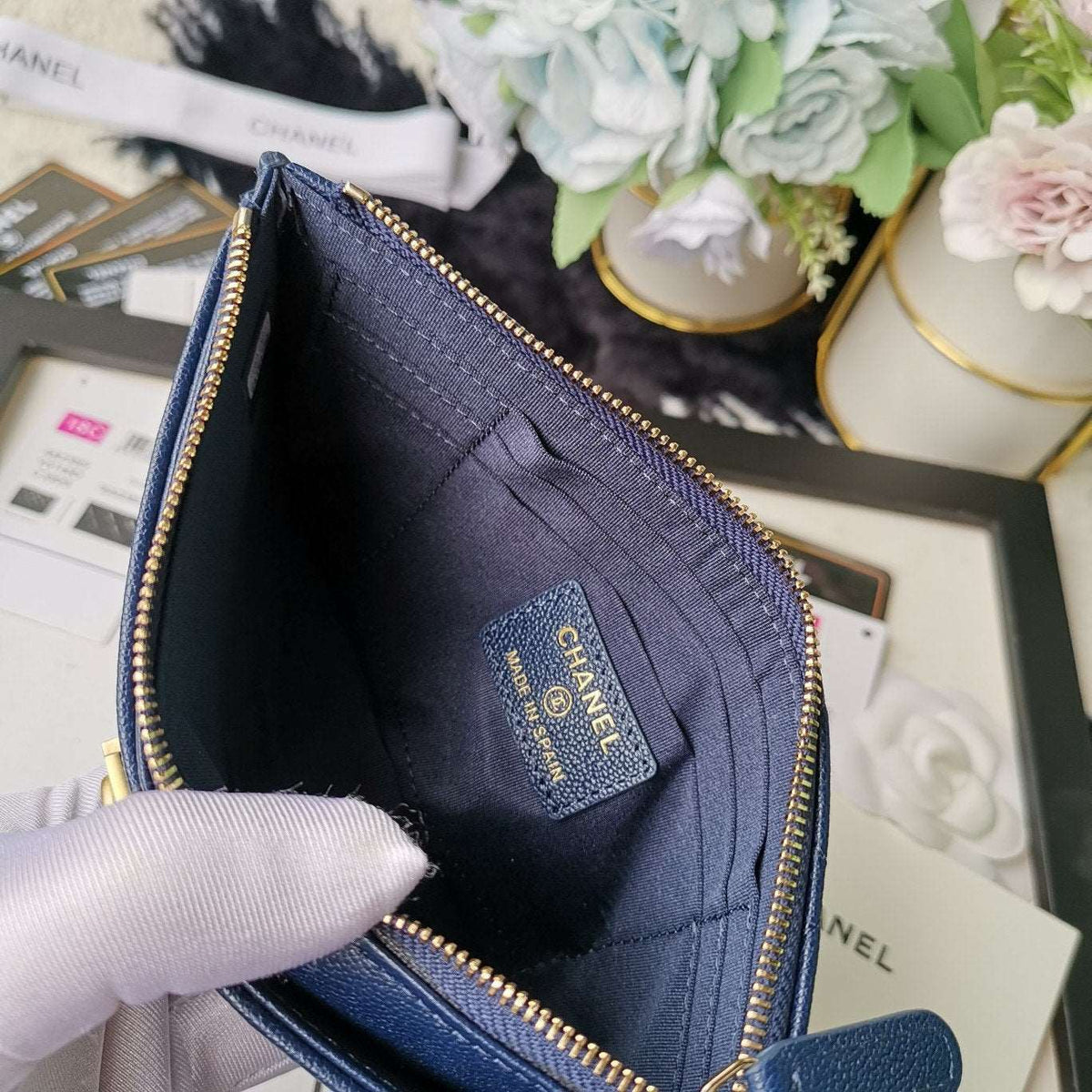 Chanel Caviar Quilted Classic Zip Boy Pouch - Navy product image 6, provided for visual reference and product detail review