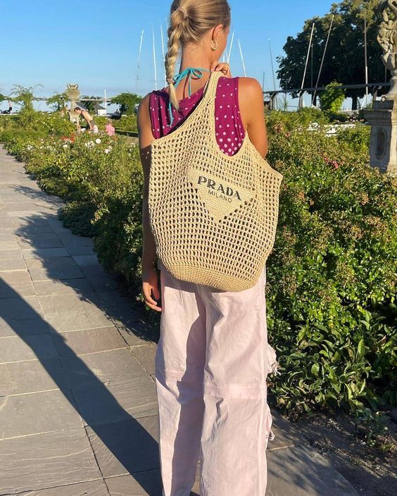 Prada Raffia Tote Bag-Khaki product image 5, provided for visual reference and product detail review