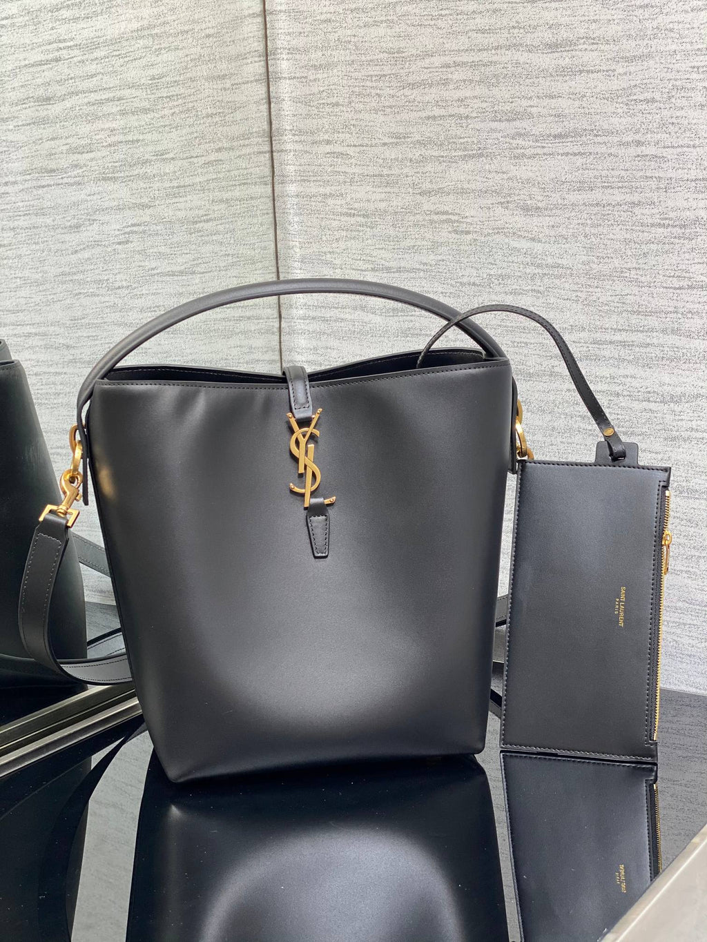 YSL Le 37 Black Shiny Leather Handle Shoulder Bag with YSL Charm and Adjustable Strap product image 2, provided for visual