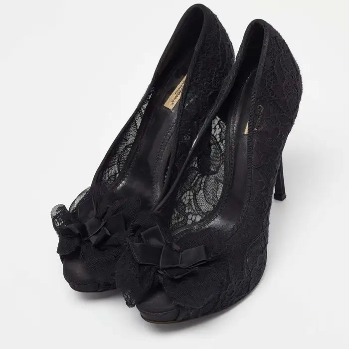 Dolce & Gabbana Black Floral Lace Bow Platform Peep Toe Pumps product image 1, provided for visual reference and product