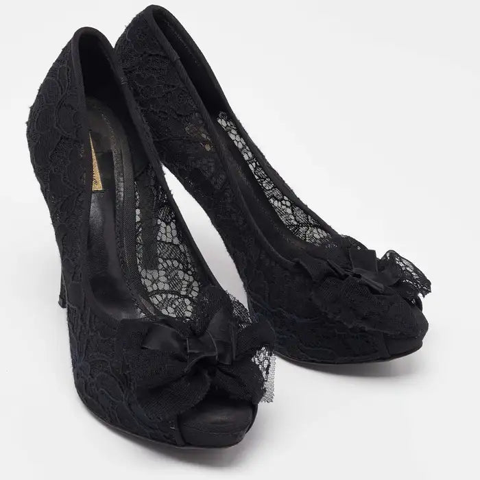 Dolce & Gabbana Black Floral Lace Bow Platform Peep Toe Pumps product image 2, provided for visual reference and product