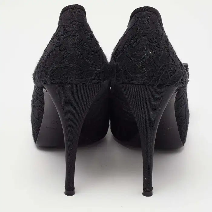 Dolce & Gabbana Black Floral Lace Bow Platform Peep Toe Pumps product image 3, provided for visual reference and product
