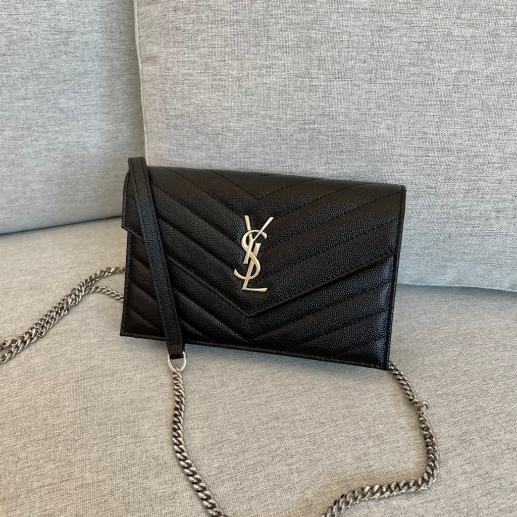 YSL Cassandre Envelope Chain Wallet Black Grain Leather product image 7, provided for visual reference and product detail