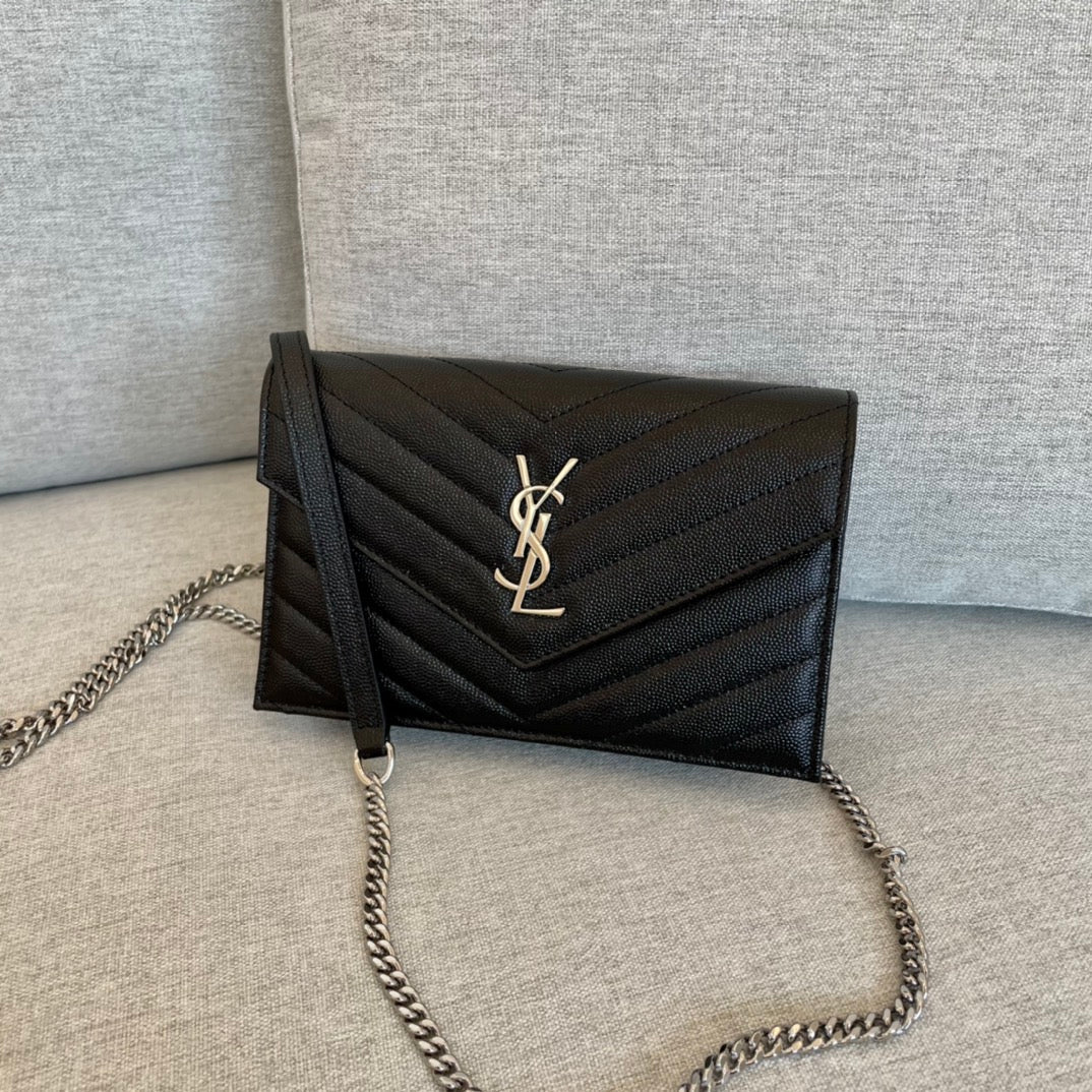YSL Cassandre Envelope Chain Wallet Black Grain Leather product image 7, provided for visual reference and product detail