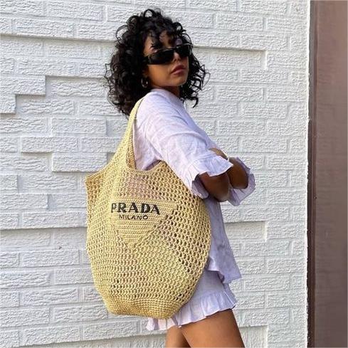 Prada Raffia Tote Bag-Khaki product image 1, provided for visual reference and product detail review