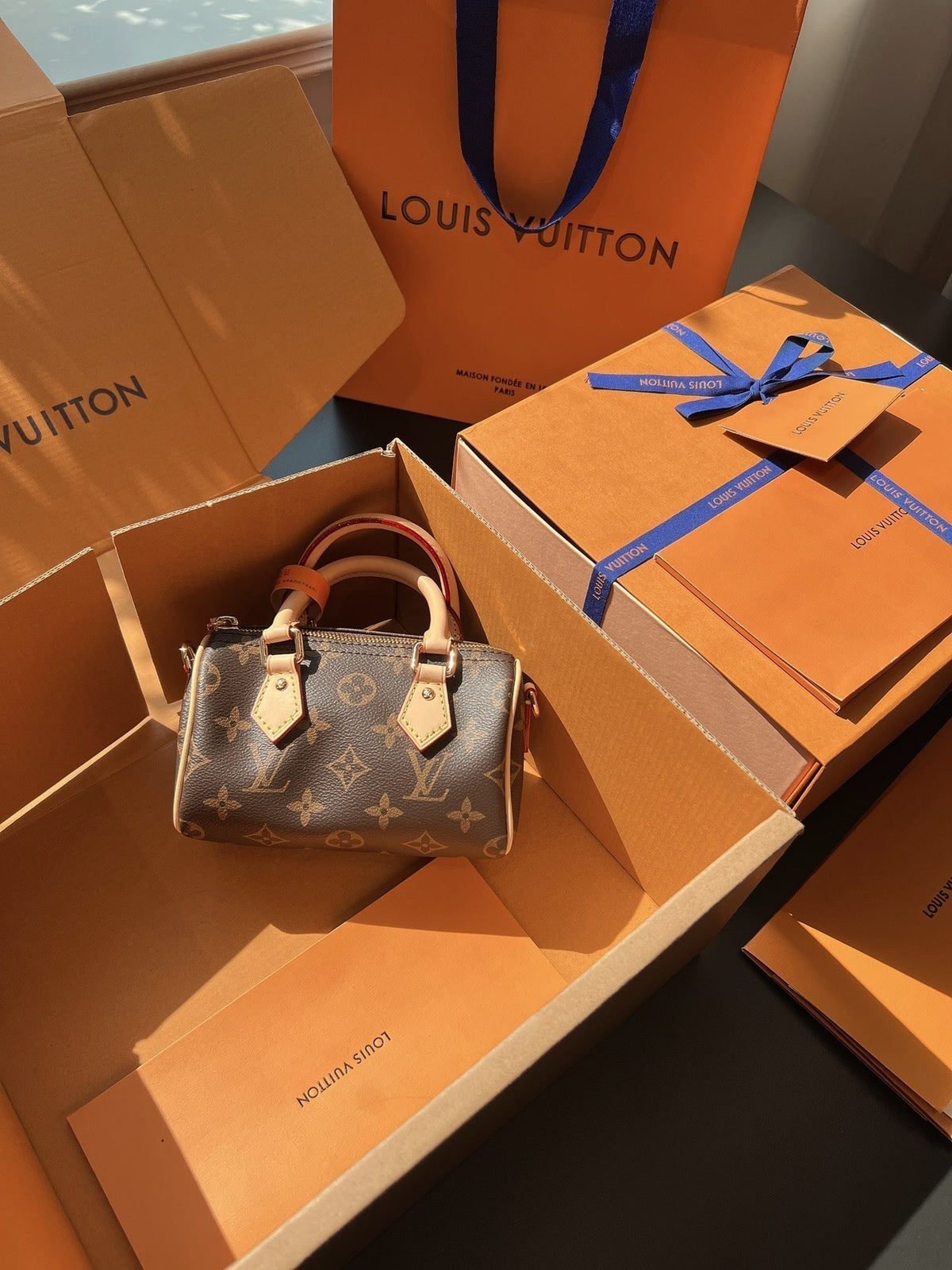 LV Speedy Nano Monogram Canvas Handle Crossbody Bag with Leather Trim and Adjustable Strap 16 cm product image 1, provided
