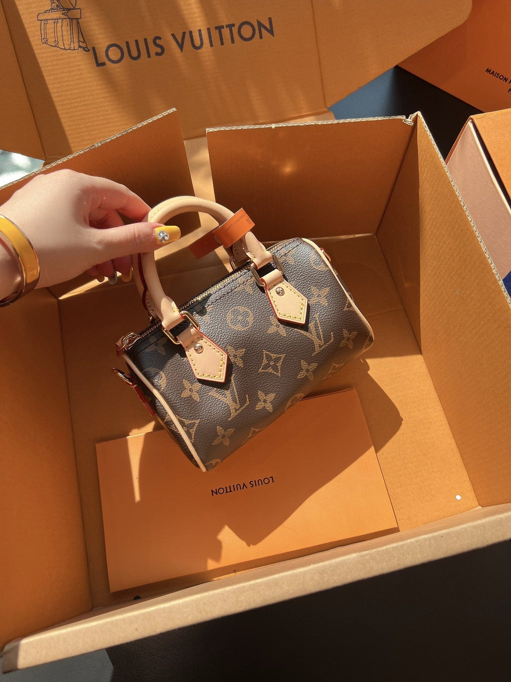 LV Speedy Nano Monogram Canvas Handle Crossbody Bag with Leather Trim and Adjustable Strap 16 cm product image 3, provided