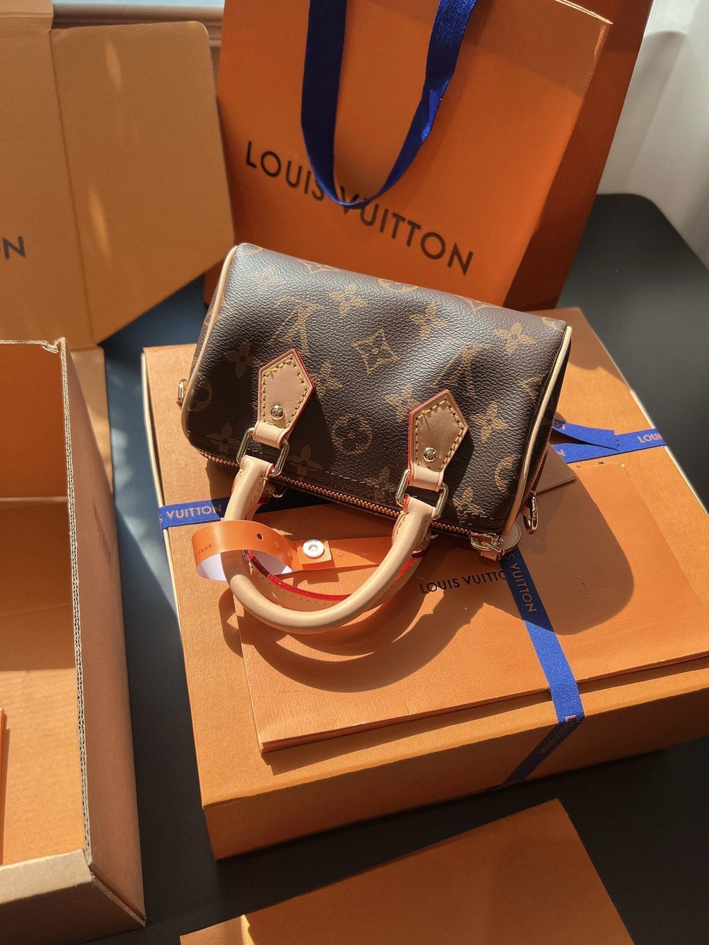 LV Speedy Nano Monogram Canvas Handle Crossbody Bag with Leather Trim and Adjustable Strap 16 cm product image 4, provided