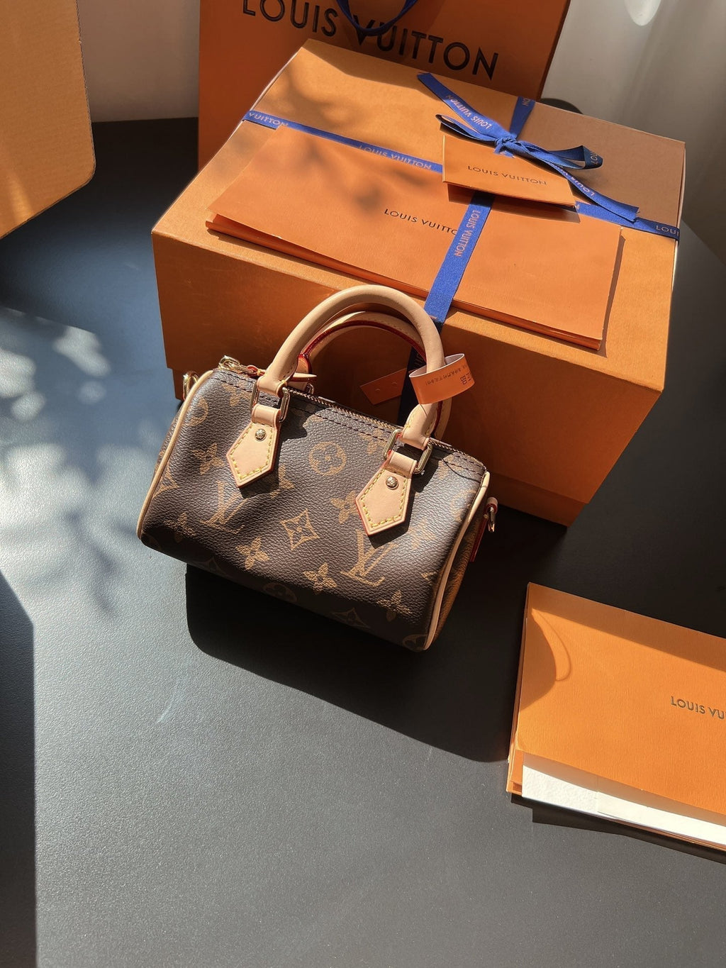 LV Speedy Nano Monogram Canvas Handle Crossbody Bag with Leather Trim and Adjustable Strap 16 cm product image 6, provided