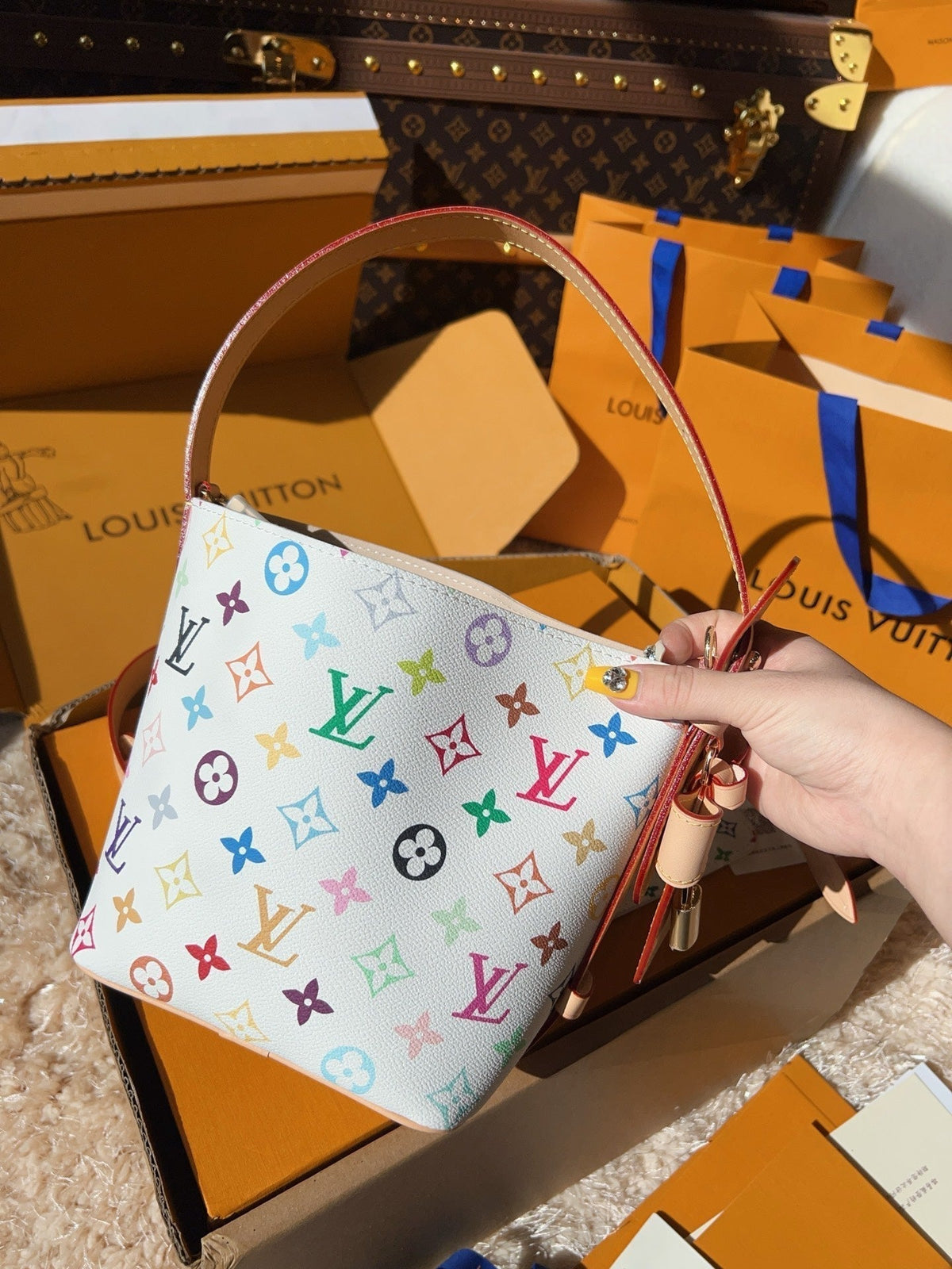 LV Neverfull MM Multicolor Monogram Canvas Tote Handle Bag with Leather Trim and Pouch product image 3, provided for visual
