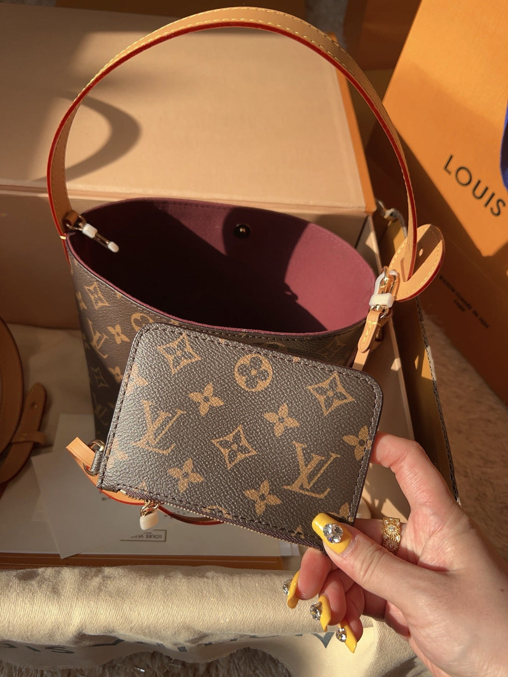 LV Sac Noé BB Monogram Canvas Bucket Shoulder Bag with Leather Trim and Drawstring Closure product image 5, provided for