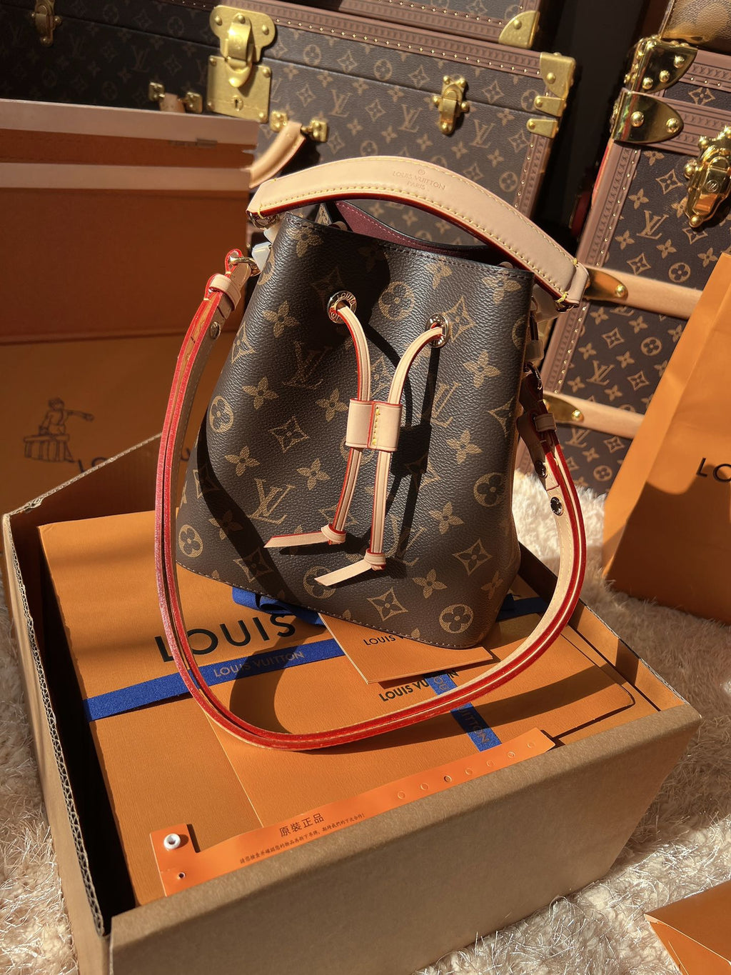 LV Neonoé Monogram Canvas Bucket Bag with Leather Trim and Shoulder Strap product image 5, provided for visual reference and