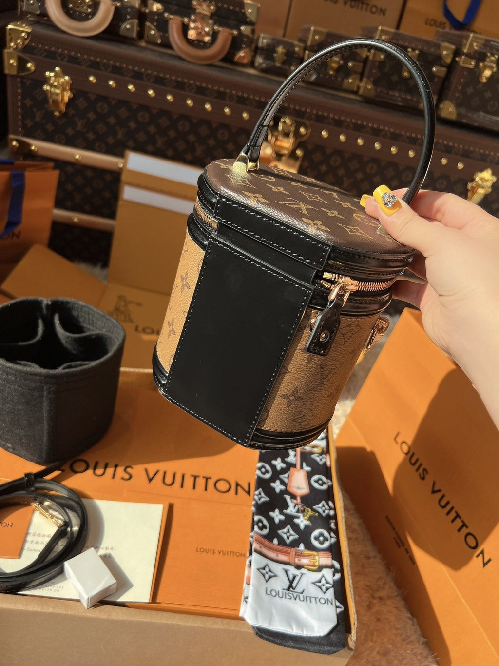 LV Cannes Monogram Reverse Canvas Round Top Handle Bag with Leather Trim and Shoulder Strap product image 5, provided for