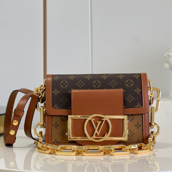 LV Dauphine MM Monogram Reverse Canvas Shoulder Crossbody Bag with Chain Strap and Leather Trim 25 cm - Brown product image