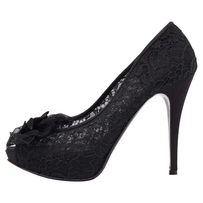 Dolce & Gabbana Black Floral Lace Bow Platform Peep Toe Pumps product image 4, provided for visual reference and product