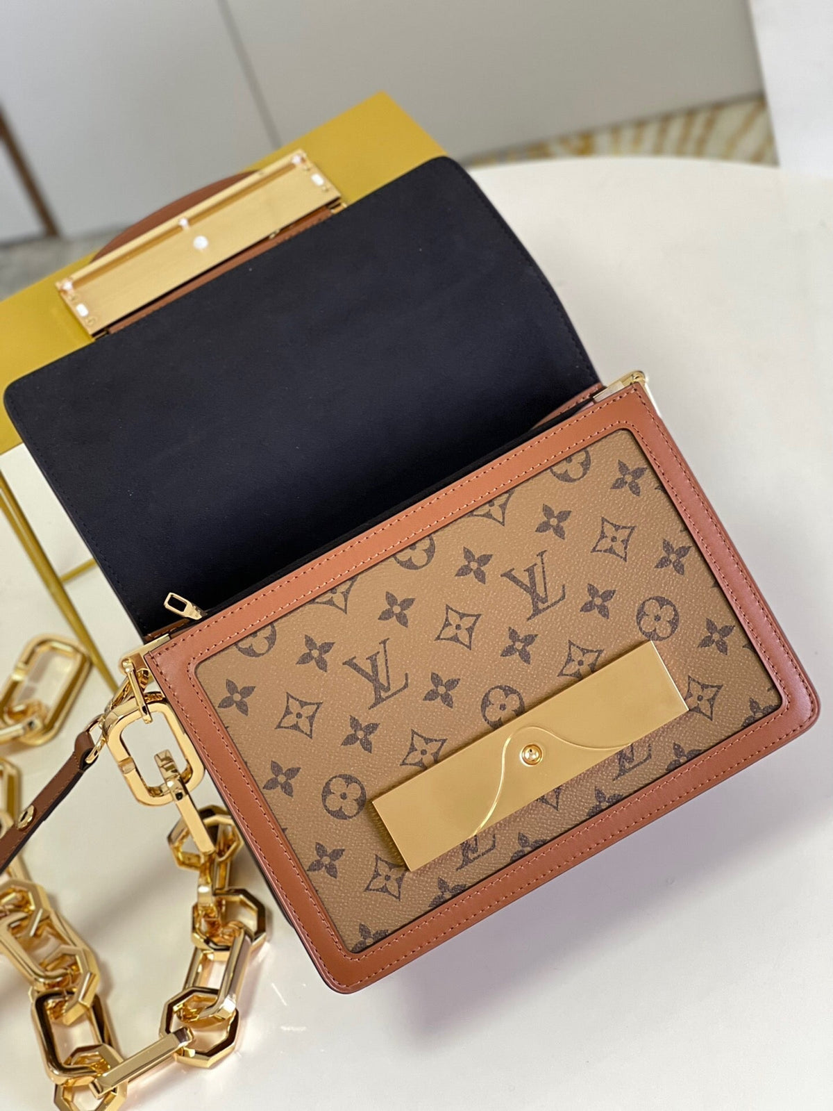 LV Dauphine MM Monogram Reverse Canvas Shoulder Crossbody Bag with Chain Strap and Leather Trim 25 cm - Brown product image