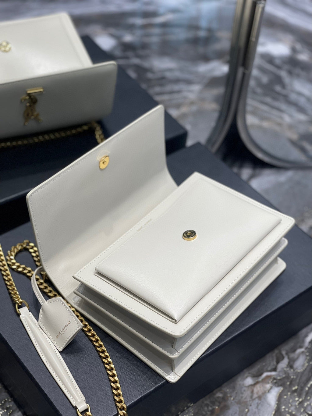 YSL Medium Sunset Bag 22 White Lambskin Gold Tone product image 3, provided for visual reference and product detail review