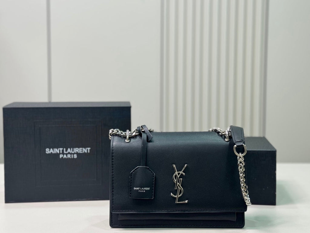 Saint Laurent Sunset Medium Monogram YSL Crossbody Bag - Black product image 1, provided for visual reference and product