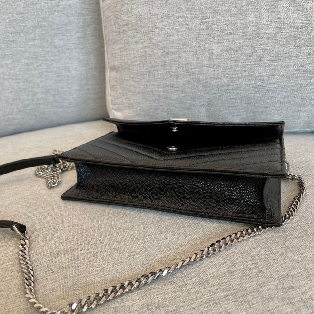 YSL Cassandre Envelope Chain Wallet Black Grain Leather product image 4, provided for visual reference and product detail