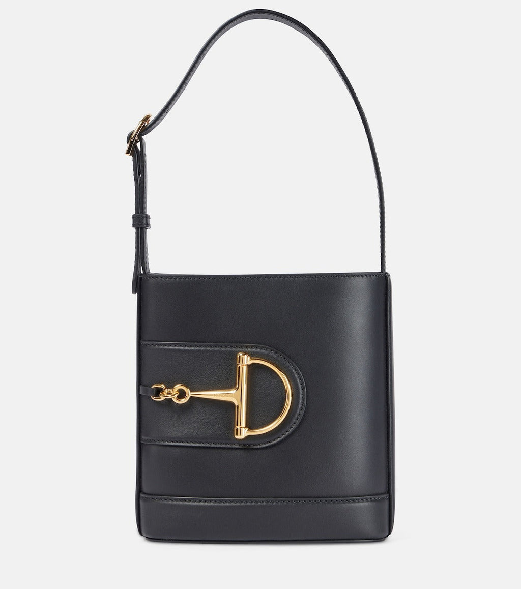 Gucci Small Horsebit Embellished Leather Bucket Bag - Black product image 1, provided for visual reference and product