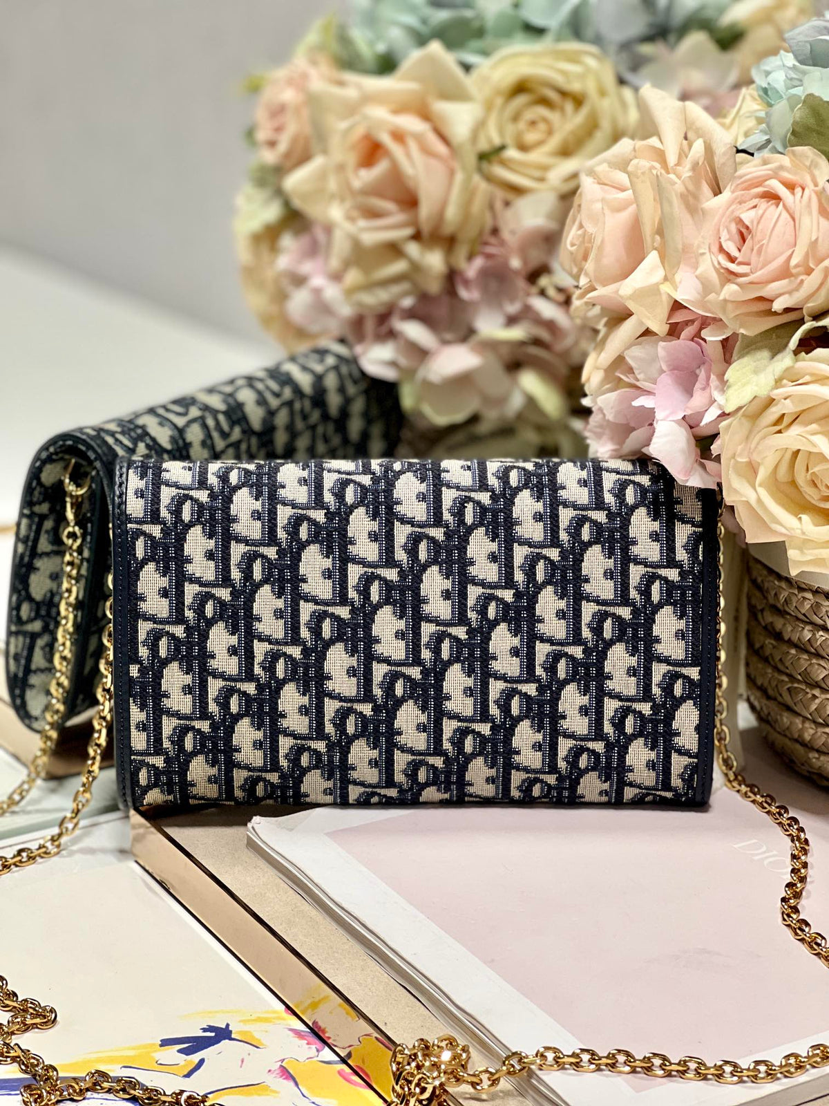 Dior Bobby Wallet On Chain East West Blue Oblique Jacquard product image 3, provided for visual reference and product detail