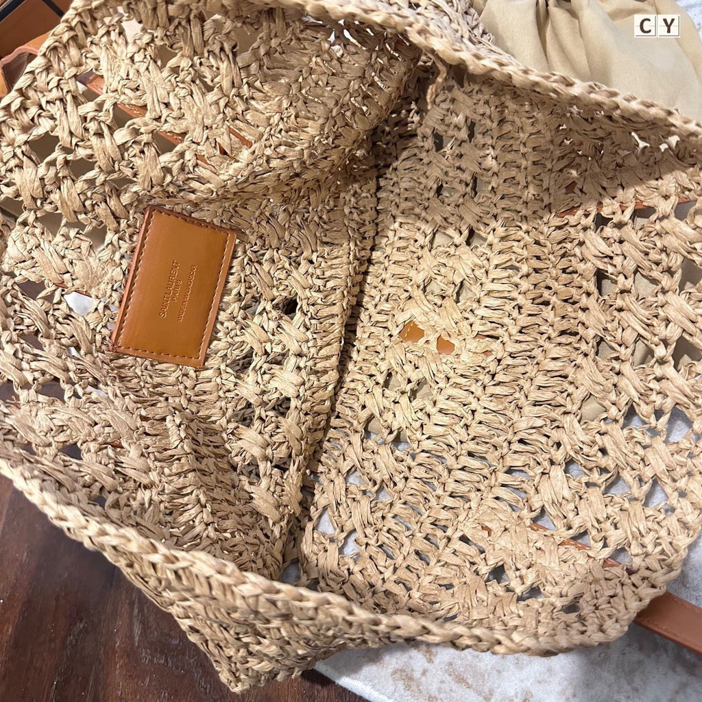 YSL Panier Medium in Raffia and Vegetable-Tanned Leather Tote Bag - Yellow product image 4, provided for visual reference