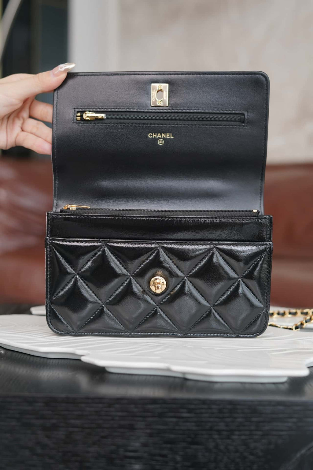 Chanel 24B WOC Top Handle in Black Shiny Lambskin GHW product image 8, provided for visual reference and product detail