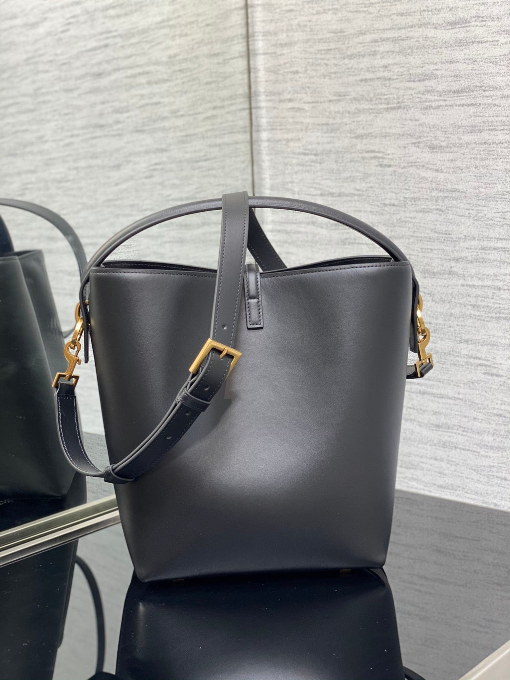 YSL Le 37 Black Shiny Leather Handle Shoulder Bag with YSL Charm and Adjustable Strap product image 3, provided for visual