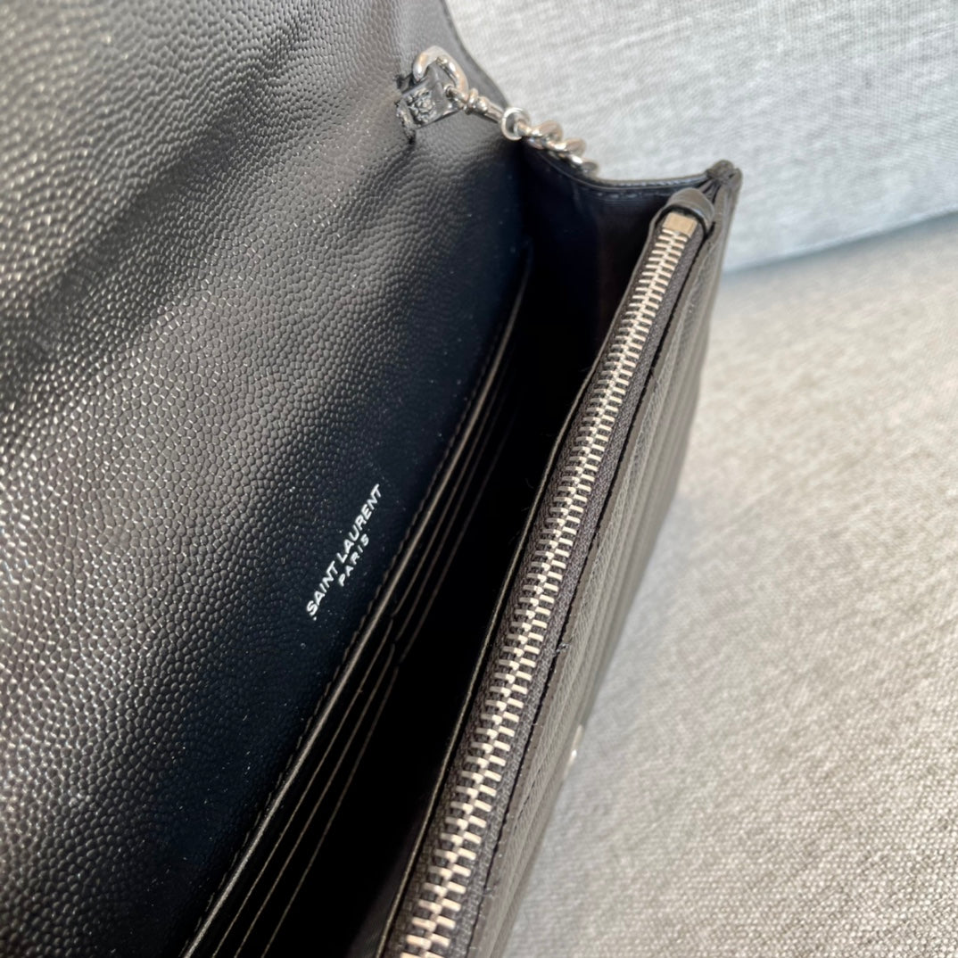 YSL Cassandre Envelope Chain Wallet Black Grain Leather product image 6, provided for visual reference and product detail