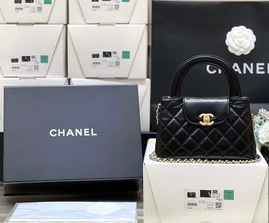 Chanel Kelly Mini Shopping Bag Mini 23K Shiny Aged Calfskin Black product image 6, provided for visual reference and product