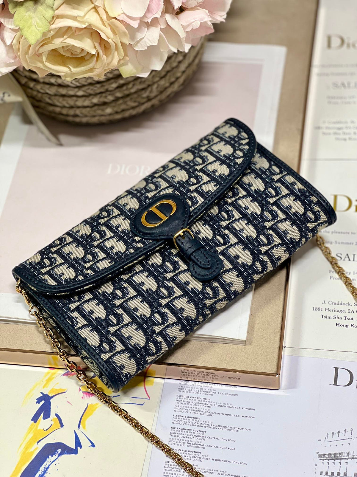 Dior Bobby Wallet On Chain East West Blue Oblique Jacquard product image 2, provided for visual reference and product detail