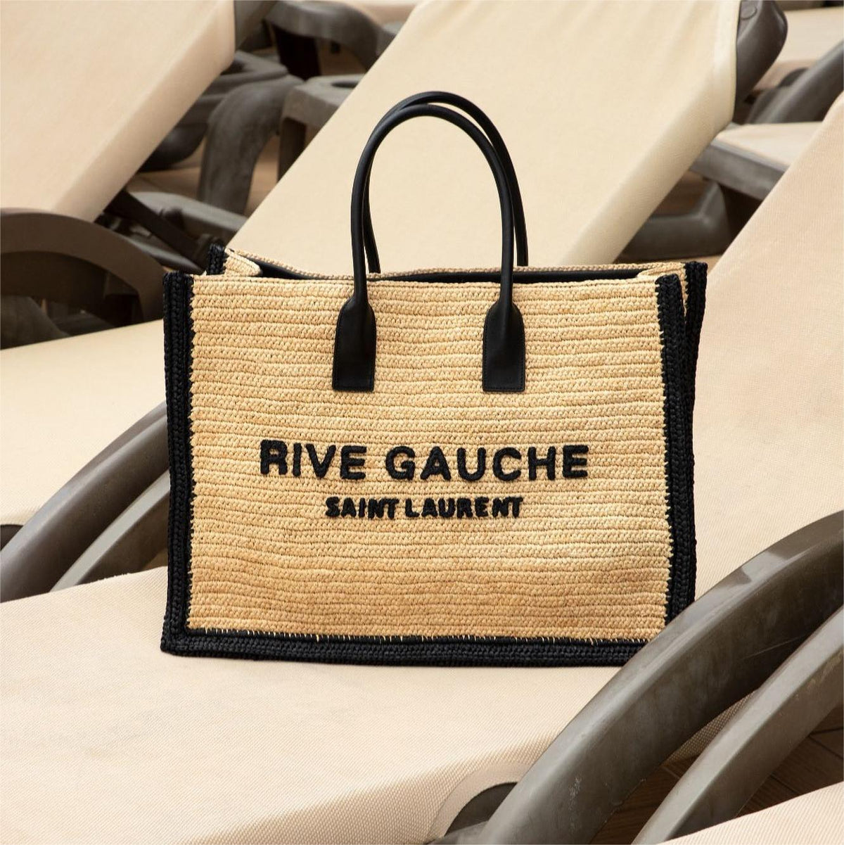 Saint Laurent Rive Gauche Tote Bag in Raffia and Leather - Straw product image 1, provided for visual reference and product