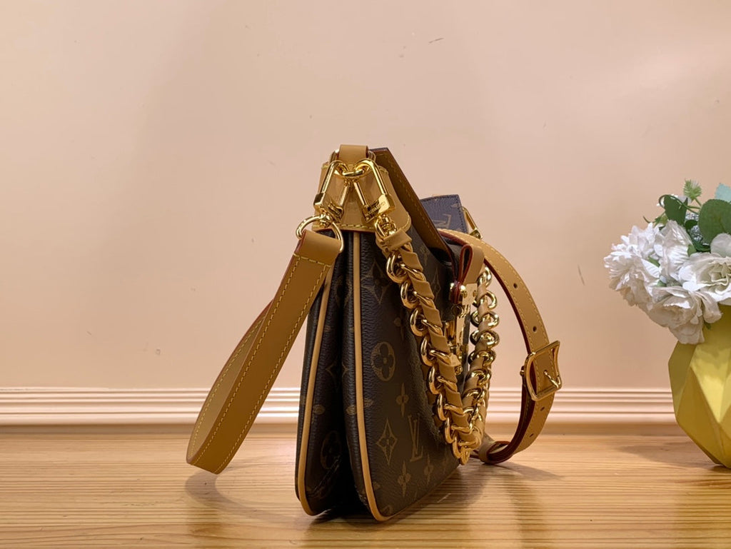 LV Twinny Monogram Canvas Shoulder Crossbody Bag with Chain Strap and Leather Trim - Brown product image 2, provided for