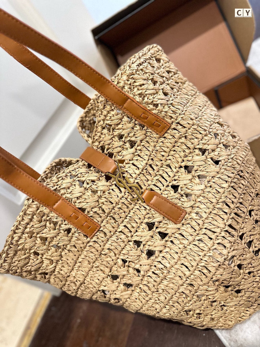 YSL Panier Medium in Raffia and Vegetable-Tanned Leather Tote Bag - Yellow product image 2, provided for visual reference