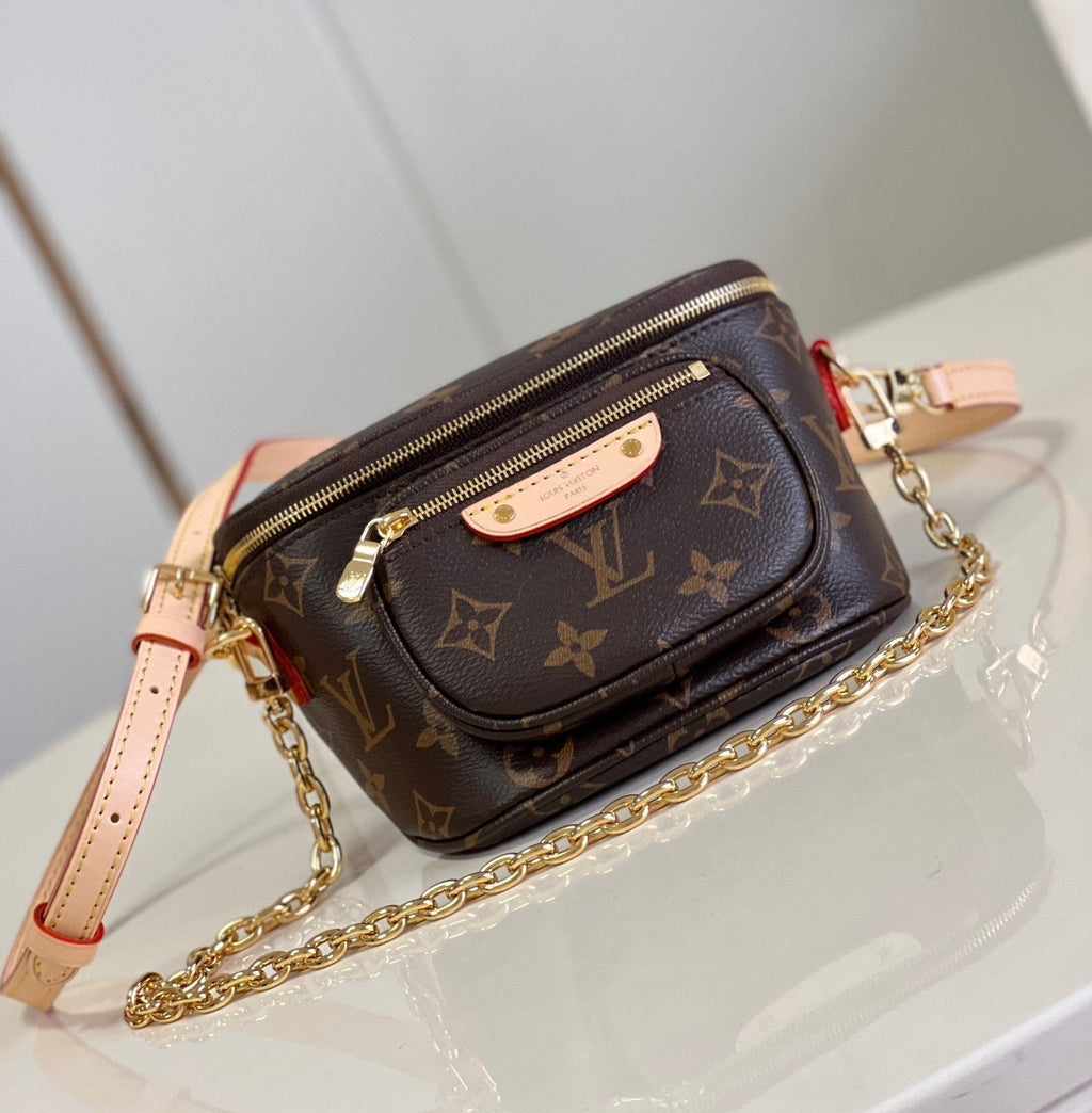 LV Mini Bumbag Monogram Canvas Crossbody Belt Bag with Chain Strap and Leather Trim - Black product image 7, provided for