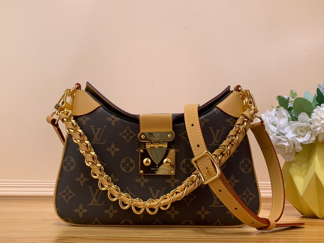 LV Twinny Monogram Canvas Shoulder Crossbody Bag with Chain Strap and Leather Trim - Brown product image 1, provided for