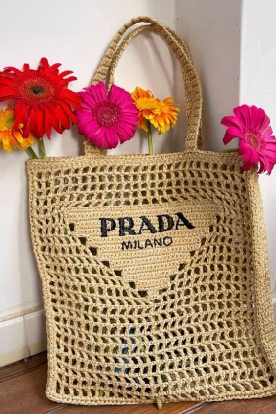 Prada Women Natural Crochet Tote Bag-Khaki product image 5, provided for visual reference and product detail review
