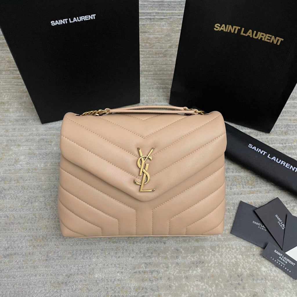 YSL Small Loulou 23 Beige Leather Gold Shoulder Bag product image 1, provided for visual reference and product detail review