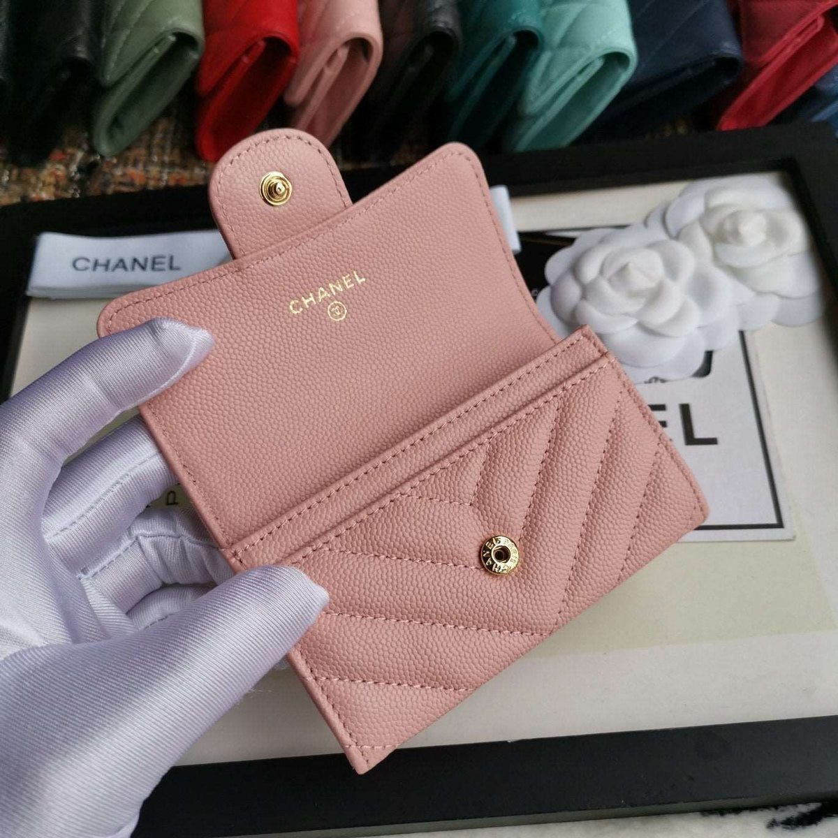 Chanel Caviar Chevron Quilted Compact Flap Wallet Pink - Matte Pink product image 5, provided for visual reference and