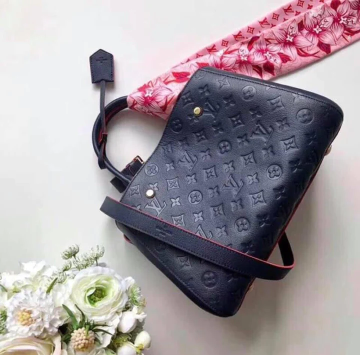LV Montaigne MM Monogram Empreinte Leather Handle Shoulder Bag with Navy Blue Leather Trim and Shoulder Strap product image