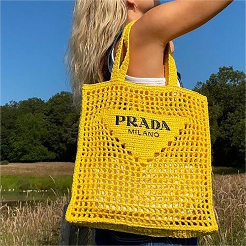 Prada Women Natural Crochet Tote Bag-Yellow product image 1, provided for visual reference and product detail review