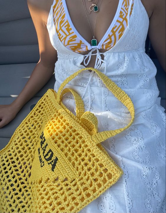 Prada Women Natural Crochet Tote Bag-Yellow product image 5, provided for visual reference and product detail review