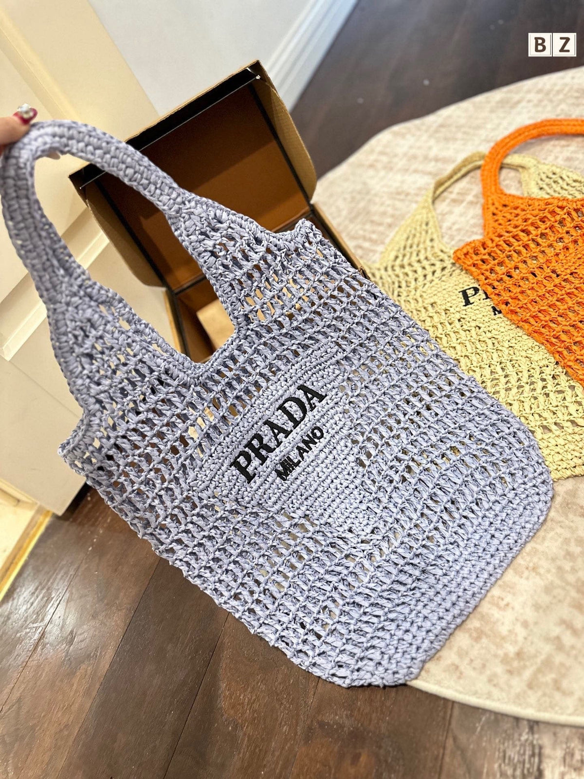 Prada Raffia Tote Bag-Blue product image 1, provided for visual reference and product detail review