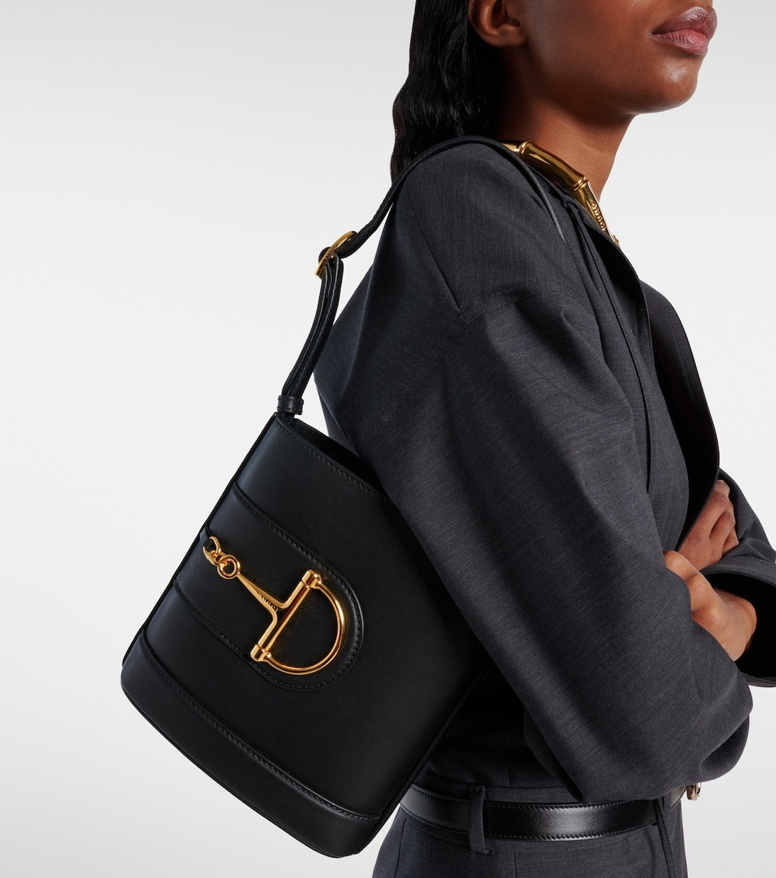 Gucci Small Horsebit Embellished Leather Bucket Bag - Black product image 2, provided for visual reference and product