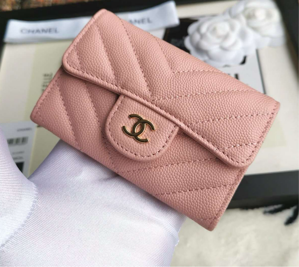 Chanel Caviar Chevron Quilted Compact Flap Wallet Pink - Matte Pink product image 2, provided for visual reference and