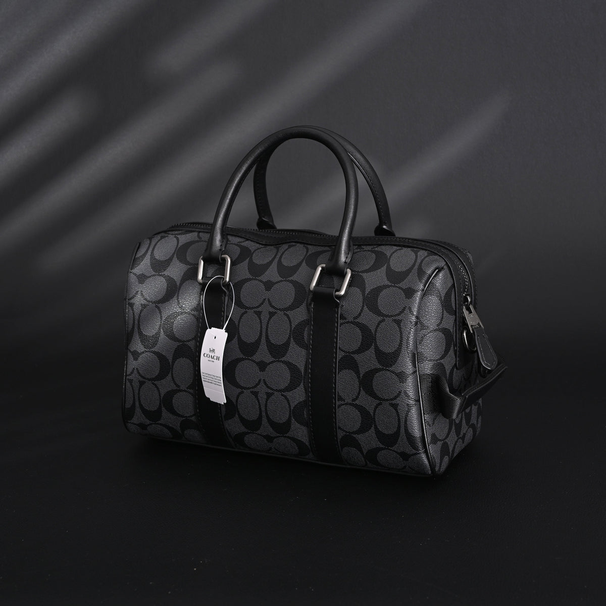 Coach Signature Duffel Bag – Black Monogram Canvas with Leather Trim product image 7, provided for visual reference and