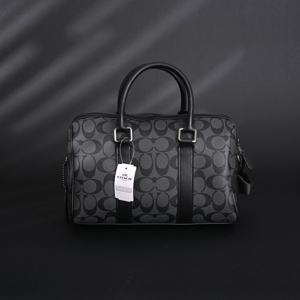 Coach Signature Duffel Bag – Black Monogram Canvas with Leather Trim product image 9, provided for visual reference and