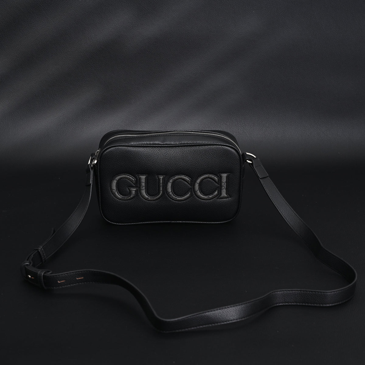 Gucci Black Leather Embossed Logo Belt Bag product image 3, provided for visual reference and product detail review